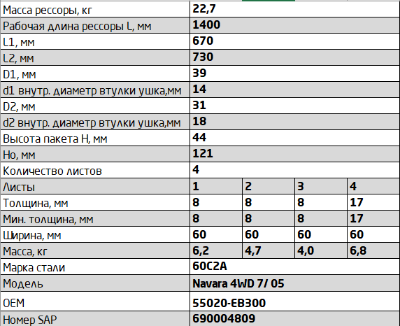 Рессора задняя 4-лист. (3+1) 670+740 Nissan NP300/Navara 2.5DCi/3.0DCi 05> 60080