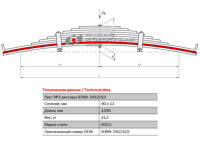 Лист №2 рессоры L=1300мм МАЗ 93892912102
